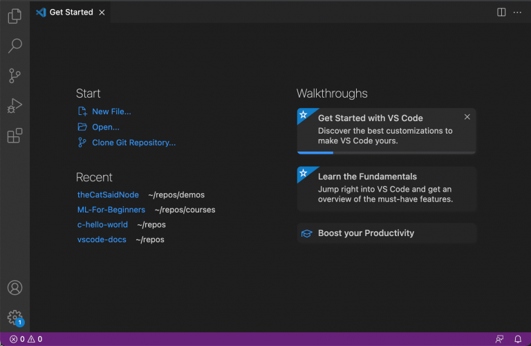 The VS code start up page