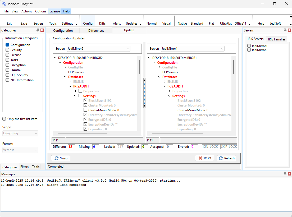 Screenshot showing JediSoft IRISsync client with the settings of two mirror environments.