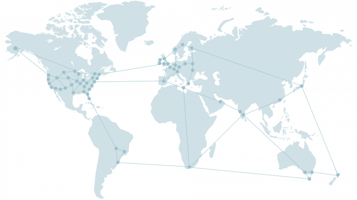 Map of the world, with pin-points located across various states in the United States, 3 cities in Brazil, Ireland, Northern Ireland, Scotland, Wales, England, Spain, Belgium, Switzerland, Germany, Luxembourg, Greece, Malta, Poland, Netherlands, Norway, Sweden, Finland, Ukraine, South Africa, UAE, India, China, Japan, New Zeland and Australia.