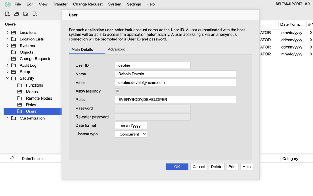 A dialogue within the Deltanji portal that shows the user settings. This includes: user ID, name, email, allow mailing?, password, re-enter password, date format, license type. Advanced settings are available on a different tab.