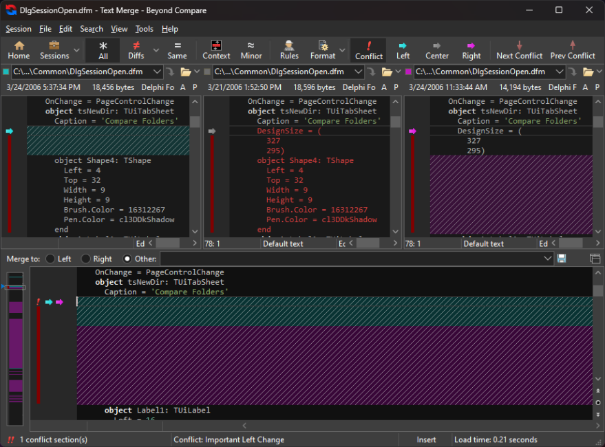 This screenshot is of Beyond Compare and shows a three-way merge.